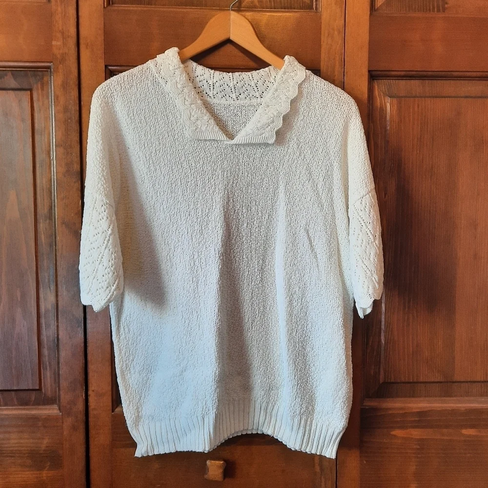 Vintage White Crochet Peter Pan Collar Cottagecore Pointelle Knit Polo Sweater